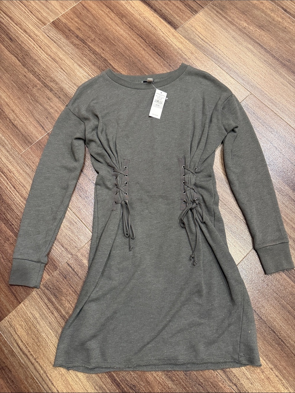 NWT American Eagle Lace-Up Waist Long Sleeve Knit Dress - Olive